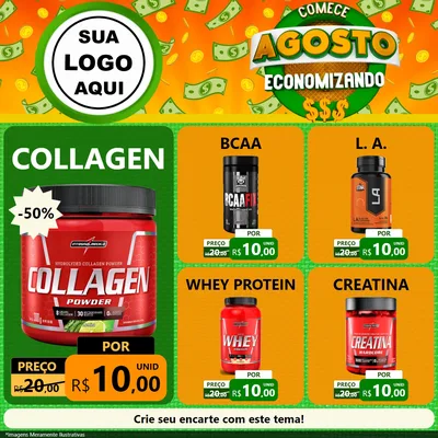 Modelo de Rede Social para Feed Facebook com o tema Comece Agosto Economizando para Suplementos alimentares