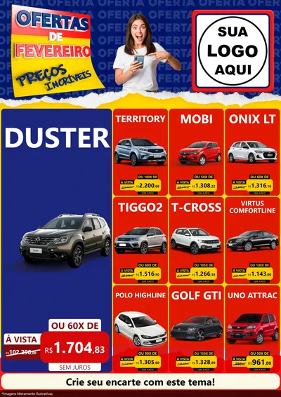 Modelo de Encarte para Encarte A4 Vertical com o tema Ofertas de Fevereiro - Preços Incríveis para Concessionaria de Carros