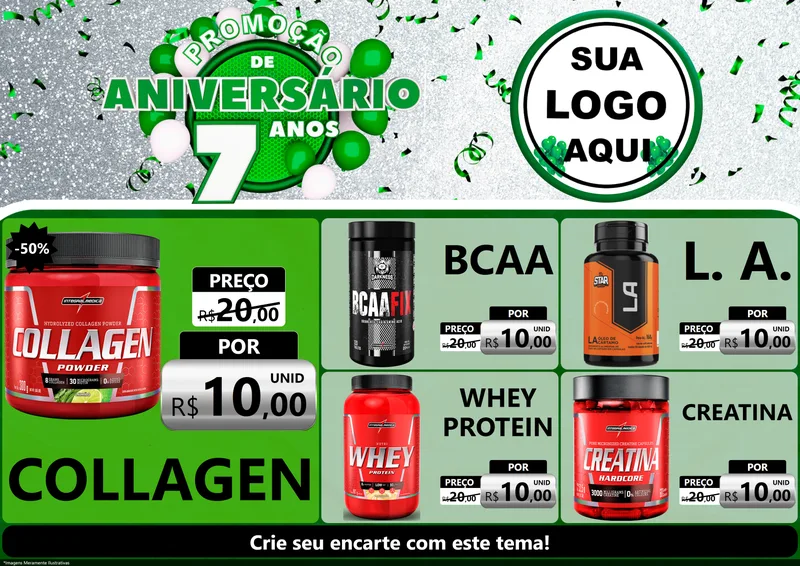 Modelo de Encarte para Encarte A4 Horizontal com o tema Promoção de Aniversário - 7 Anos para Suplementos alimentares