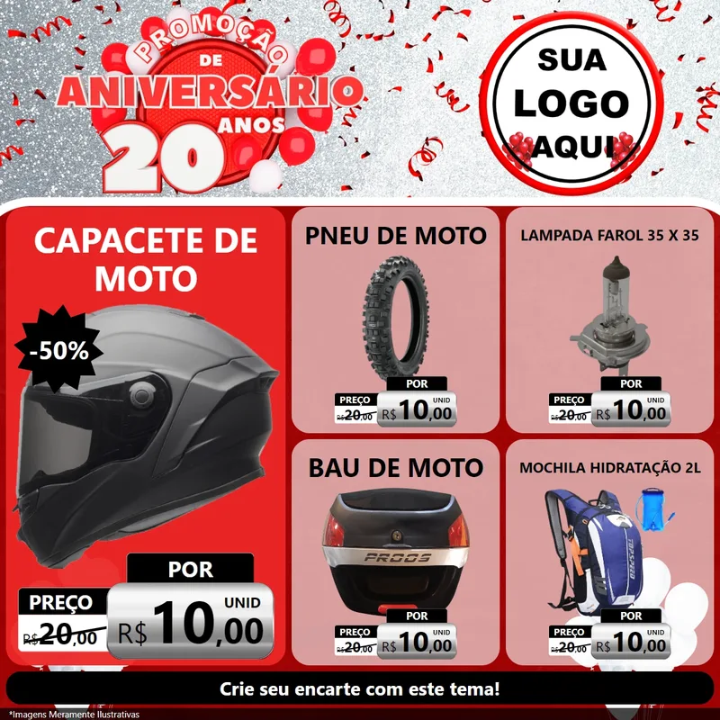 Modelo de Rede Social para Feed Facebook com o tema Promoção de Aniversário - 20 Anos para Moto peças