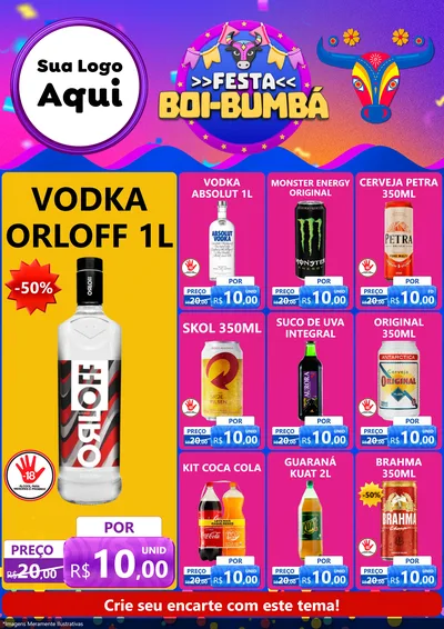 Modelo de Encarte para Encarte A4 Vertical com o tema Festa Boi-Bumbá para Distribuidora de bebidas