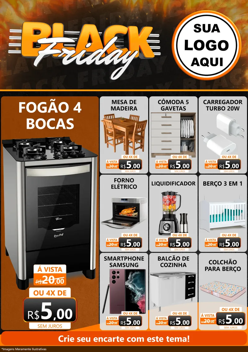 Modelo de Encarte para Encarte A4 Vertical com o tema Black Friday para Móveis e Eletro