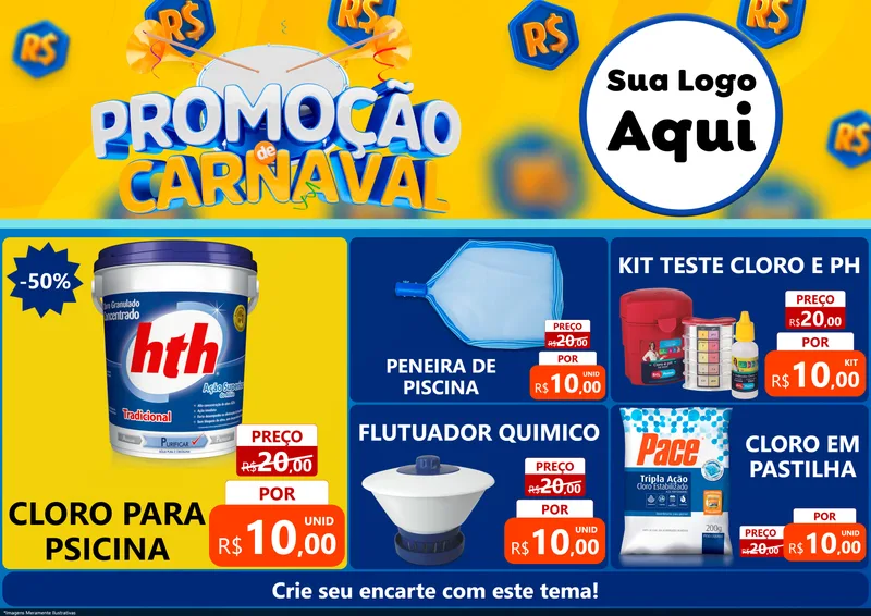 Modelo de Encarte para Encarte A4 Horizontal com o tema Promoção de Carnaval para Produtos para Piscina