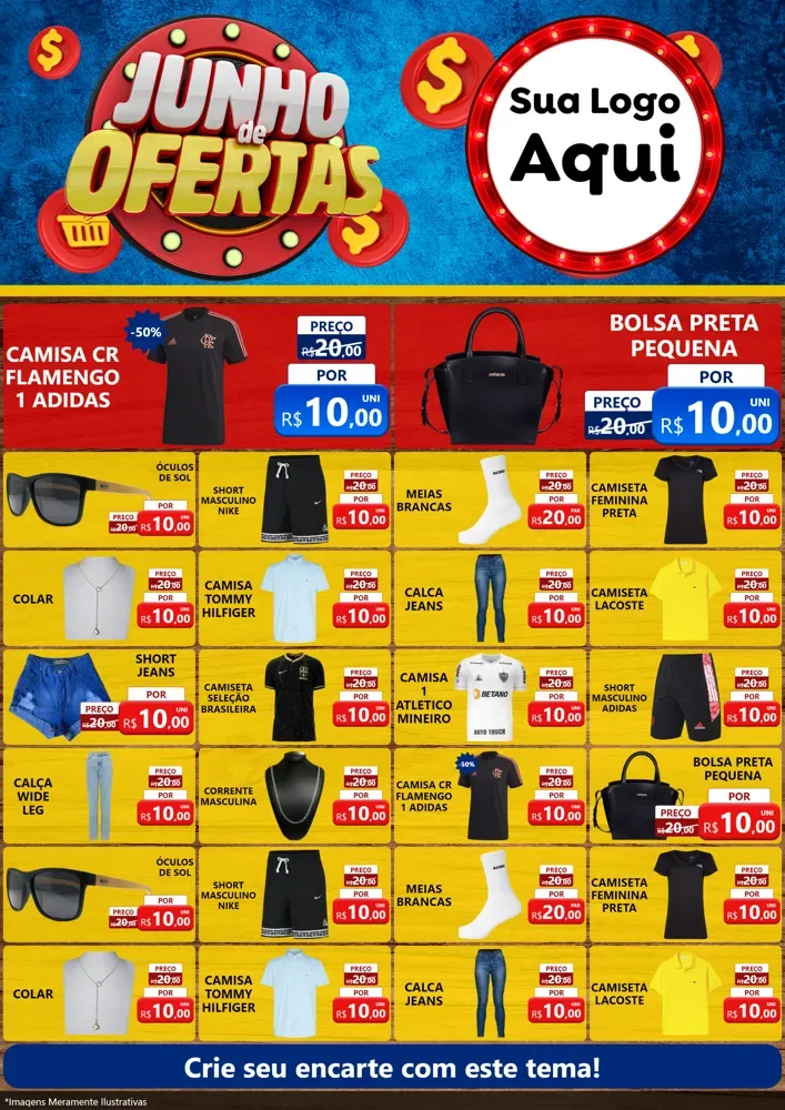 Modelo de Encarte para Encarte A4 Vertical com o tema Junho de Ofertas para Roupas e acessórios