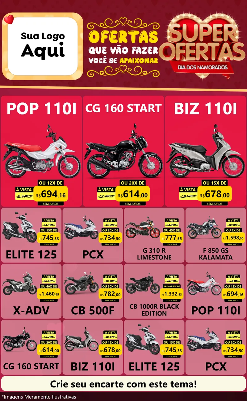 Modelo de Encarte para Encarte Grande com o tema Dia dos Namorados para Concessionaria de Motos
