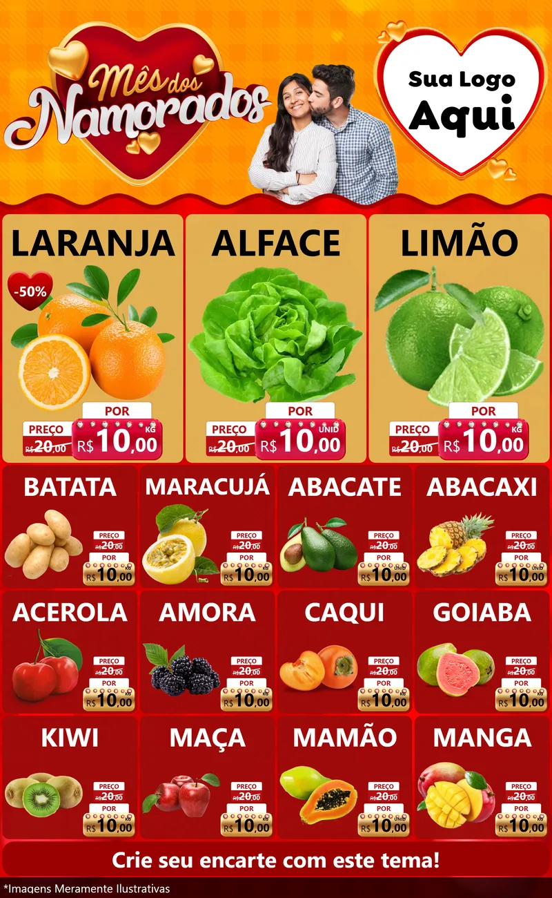 Modelo de Encarte para Encarte Grande com o tema Mês dos Namorados para Hortifrúti