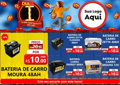 Modelo de Encarte para Encarte A4 Horizontal com o tema Dia I - O Dia Mais Barato Do Mês para Baterias Elétricas