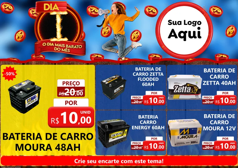 Modelo de Encarte para Encarte A4 Horizontal com o tema Dia I - O Dia Mais Barato Do Mês para Baterias Elétricas