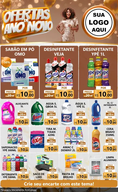 Modelo de Encarte para Encarte Grande com o tema Ofertas de Ano Novo para Produtos de Limpeza