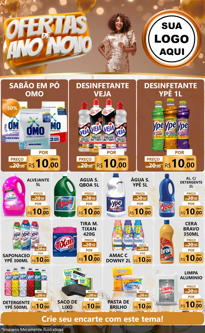 Modelo de Encarte para Encarte Grande com o tema Ofertas de Ano Novo para Produtos de Limpeza