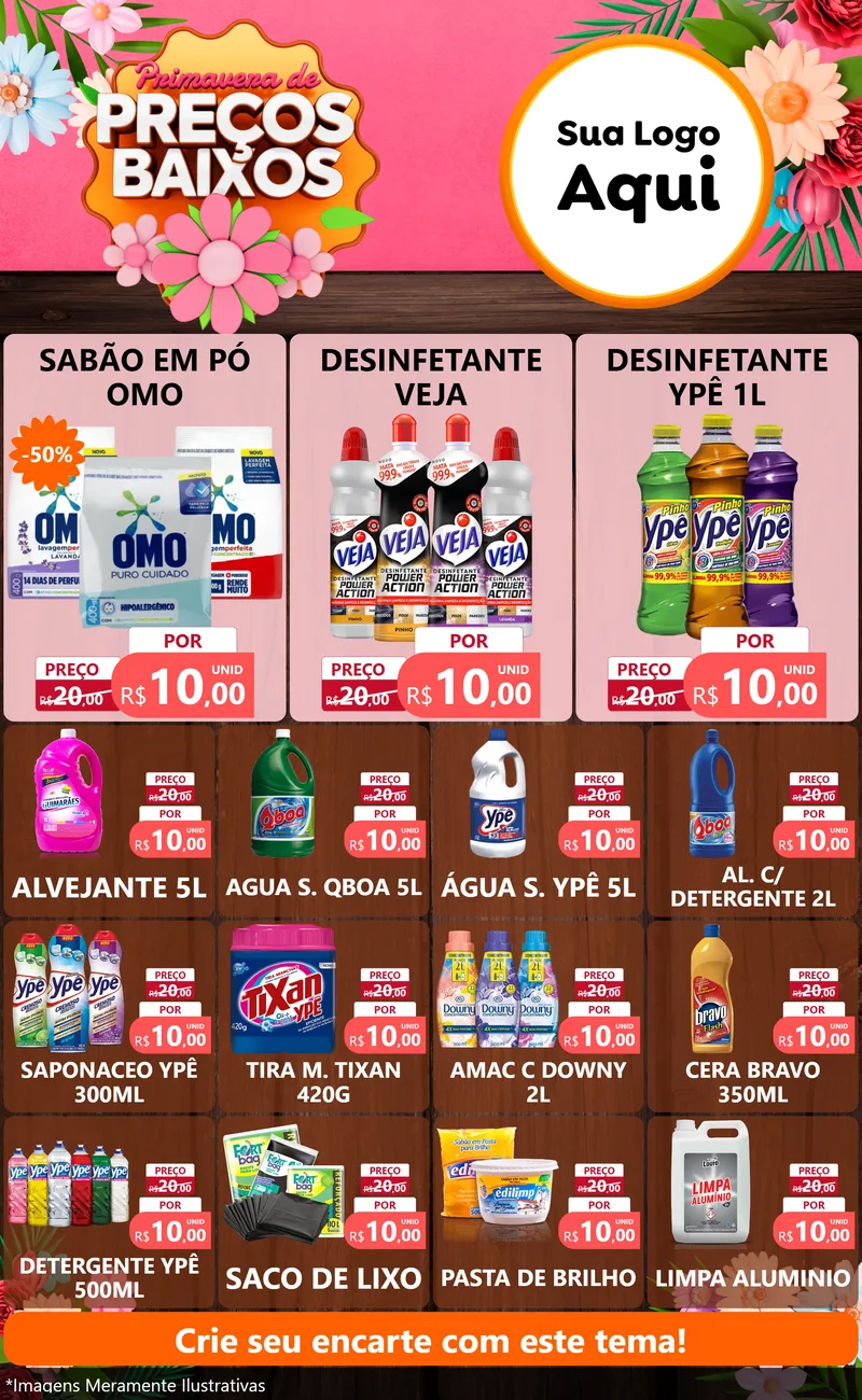 Modelo de Encarte para Encarte Grande com o tema Primavera de Preços Baixos para Produtos de Limpeza