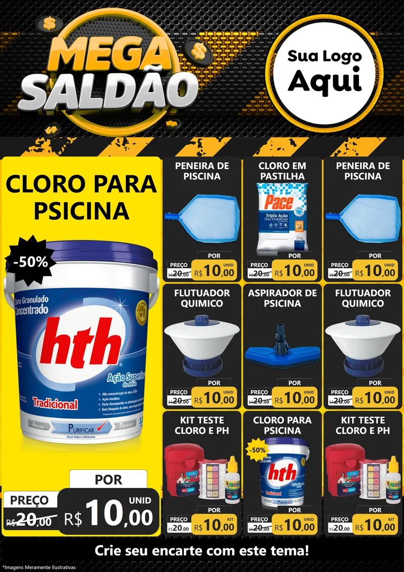 Modelo de Encarte para Encarte A4 Vertical com o tema Mega Saldão para Produtos para Piscina