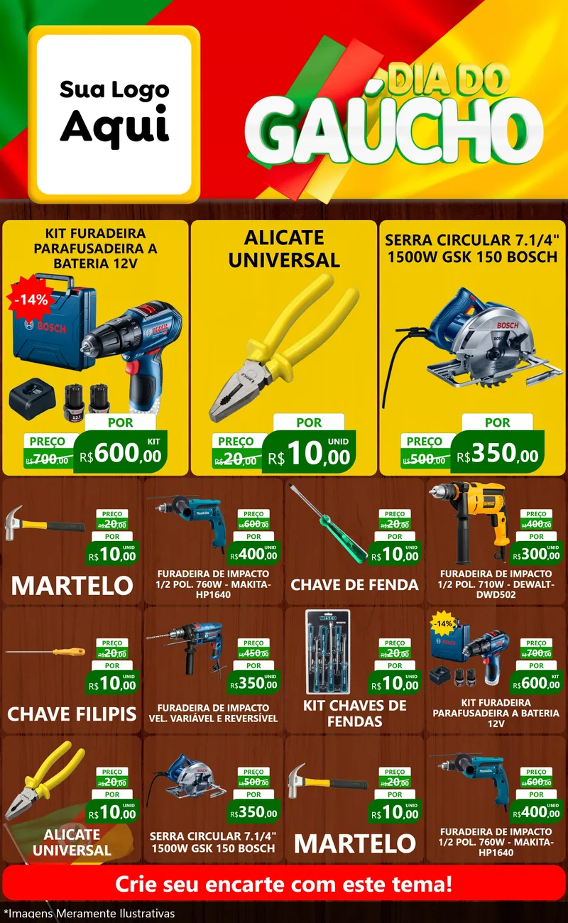 Modelo de Encarte para Encarte Grande com o tema Dia do Gaúcho para Maquinas e Ferramentas
