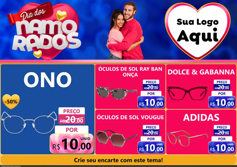 Modelo de Encarte para Encarte A4 Horizontal com o tema Dia dos namorados para Óticas