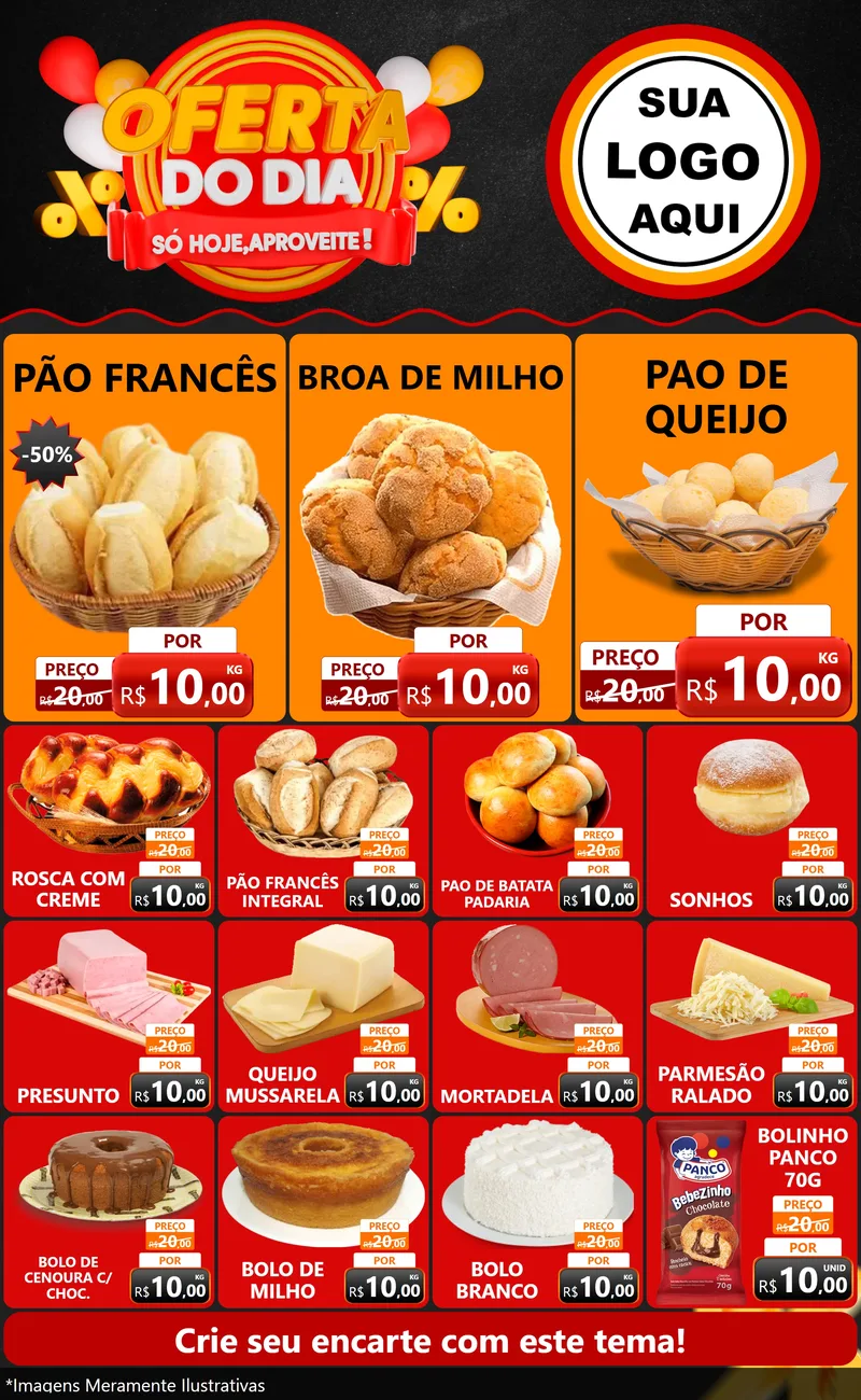 Modelo de Encarte para Encarte Grande com o tema Oferta do Dia - Só hoje, Aproveite! para Padaria