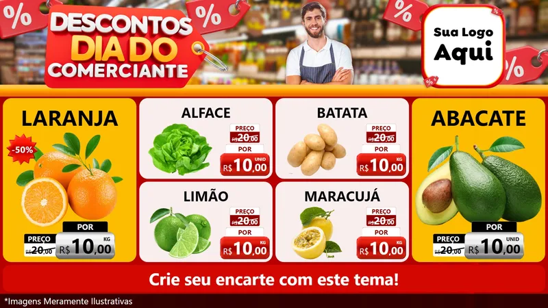 Modelo de TV para TV Horizontal com o tema Descontos Dia do Comerciante para Hortifrúti
