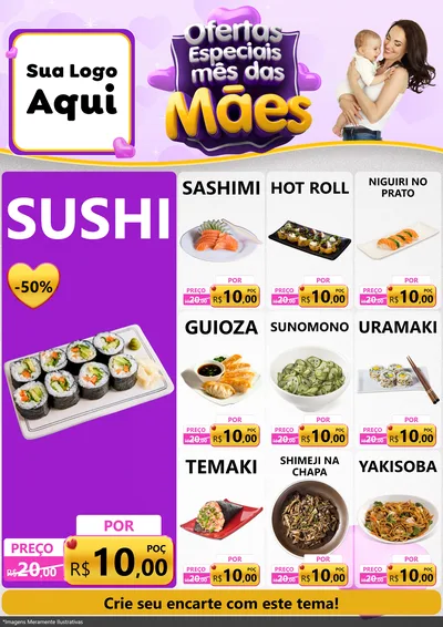Modelo de Encarte para Encarte A4 Vertical com o tema Ofertas Especiais - Mês das Mães para Comida japonesa