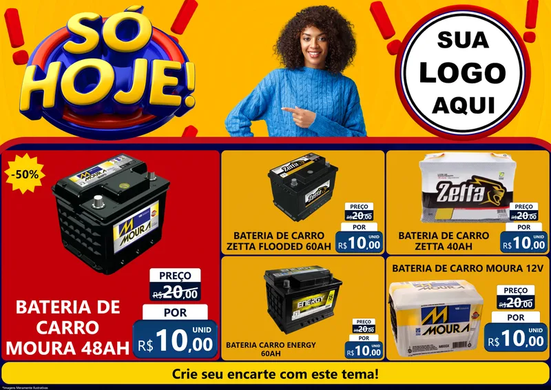 Modelo de Encarte para Encarte A4 Horizontal com o tema Só Hoje! para Baterias Elétricas