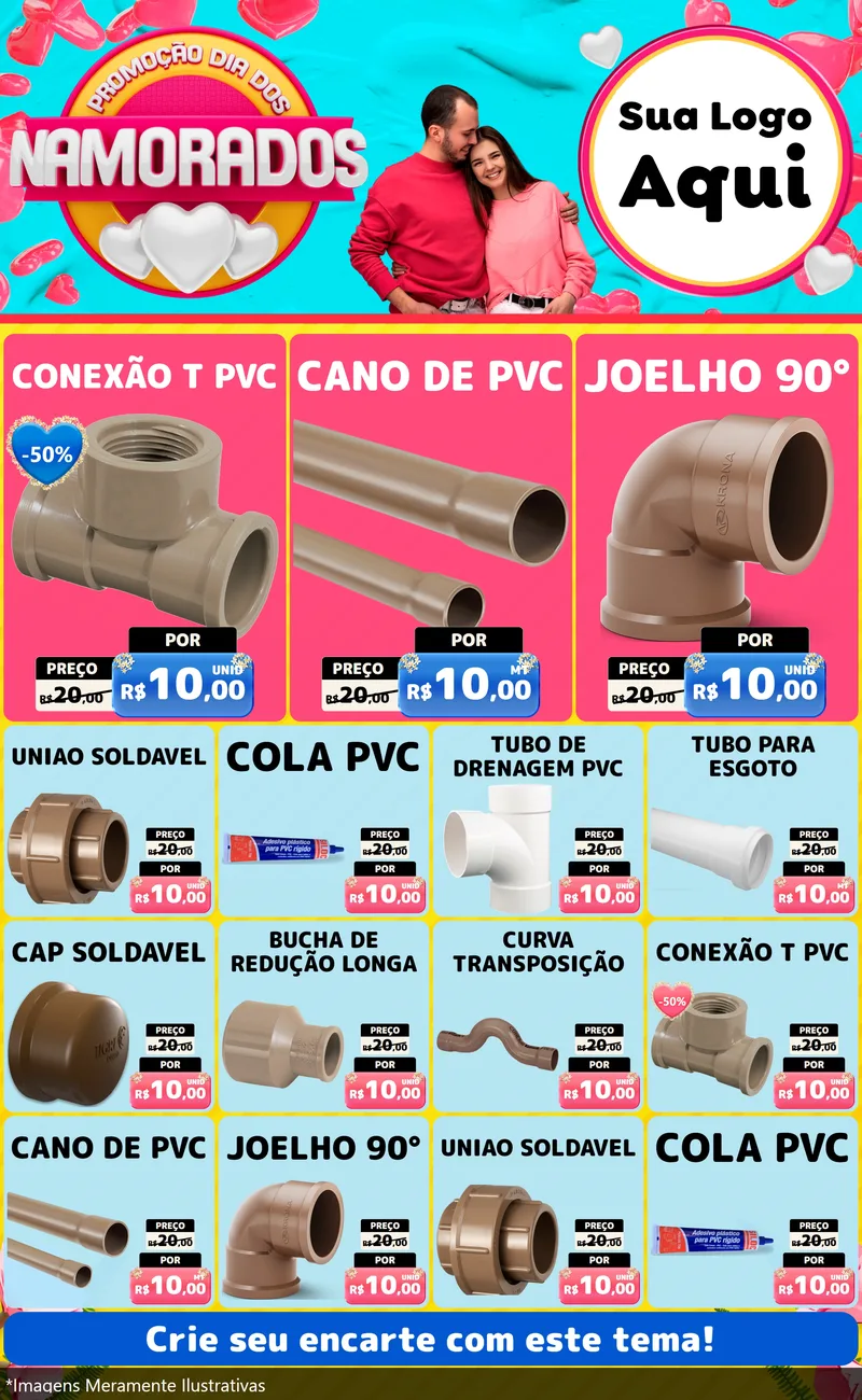 Modelo de Encarte para Encarte Grande com o tema Promoção Dia dos Namorados para Tubos e conexões