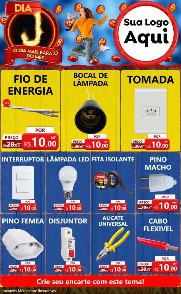 Modelo de Encarte para Encarte Grande com o tema Dia J - O Dia Mais Barato Do Mês para Materiais Elétricos