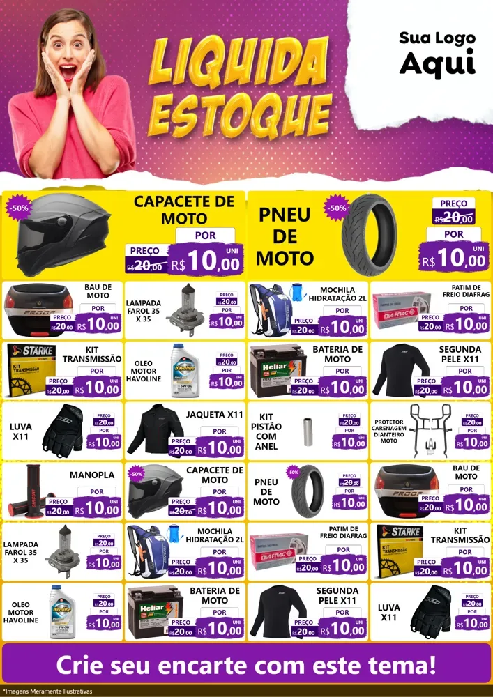 Modelo de Encarte para Encarte A4 Vertical com o tema Liquida estoque para Moto peças