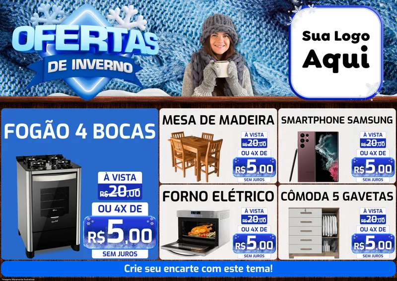 Modelo de Encarte para Encarte A4 Horizontal com o tema Ofertas de Inverno para Móveis e Eletro