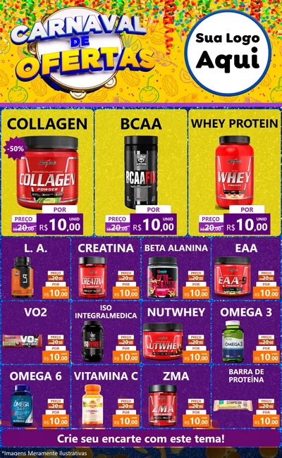 Modelo de Encarte para Encarte Grande com o tema Carnaval de Ofertas para Suplementos alimentares