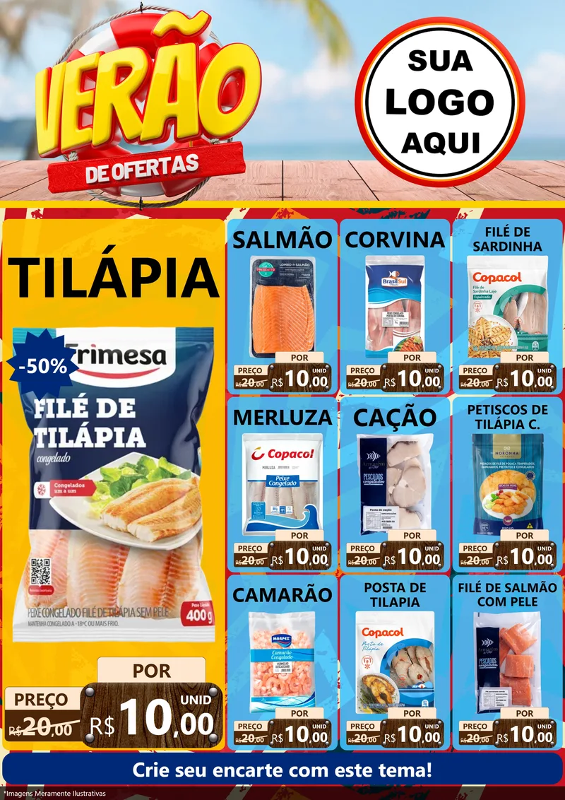 Modelo de Encarte para Encarte A4 Vertical com o tema Verão de Ofertas para Peixaria