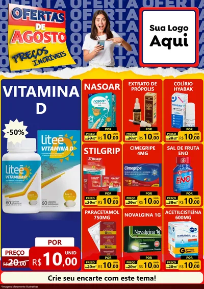 Modelo de Encarte para Encarte A4 Vertical com o tema Ofertas de Agosto - Preços Incríveis para Farmácia