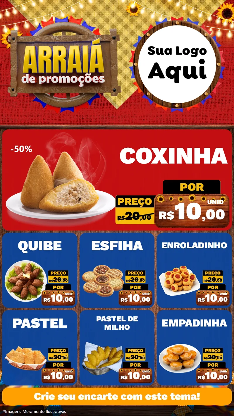 Modelo de Rede Social para Stories com o tema Arraiá de Promoções para Salgadaria