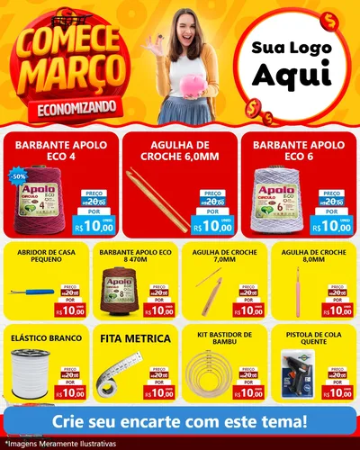 Modelo de Rede Social para Feed Instagram com o tema Comece Março Economizando para Armarinho e Aviamentos