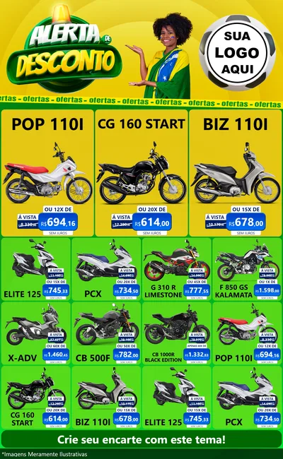 Modelo de Encarte para Encarte Grande com o tema Alerta de Desconto para Concessionaria de Motos