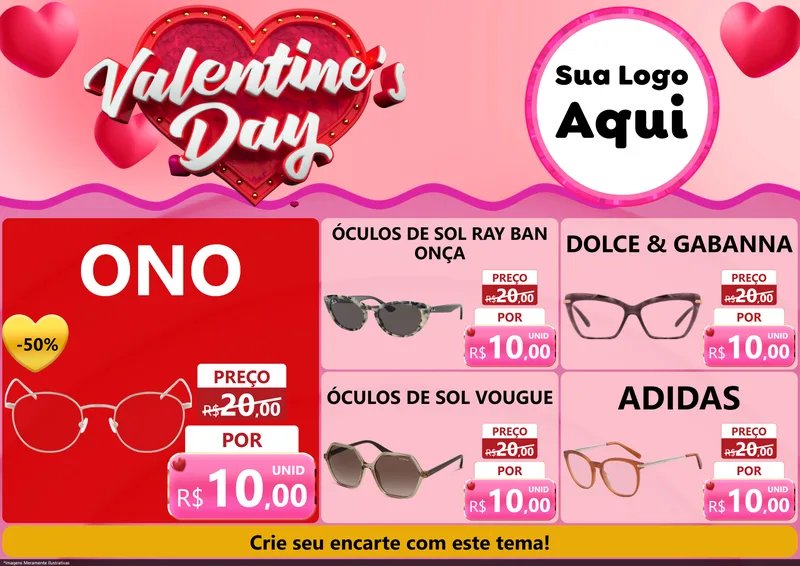 Modelo de Encarte para Encarte A4 Horizontal com o tema Valentine's Day para Óticas