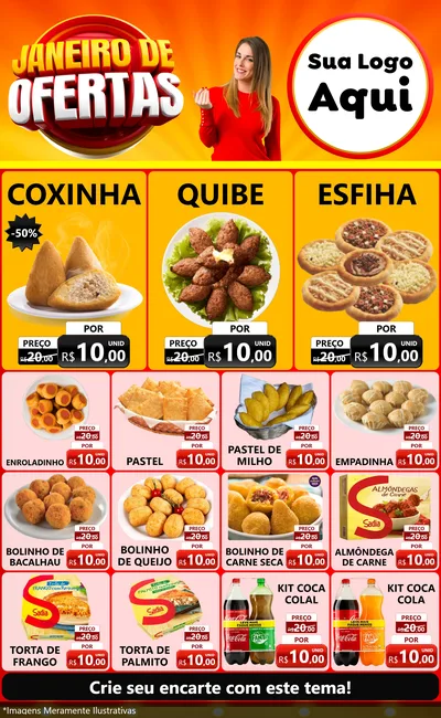 Modelo de Encarte para Encarte Grande com o tema Janeiro de Ofertas para Salgadaria