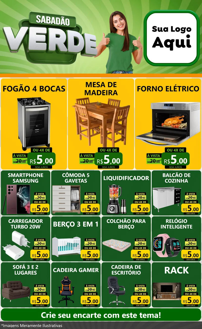 Modelo de Encarte para Encarte Grande com o tema Sabadão Verde para Móveis e Eletro