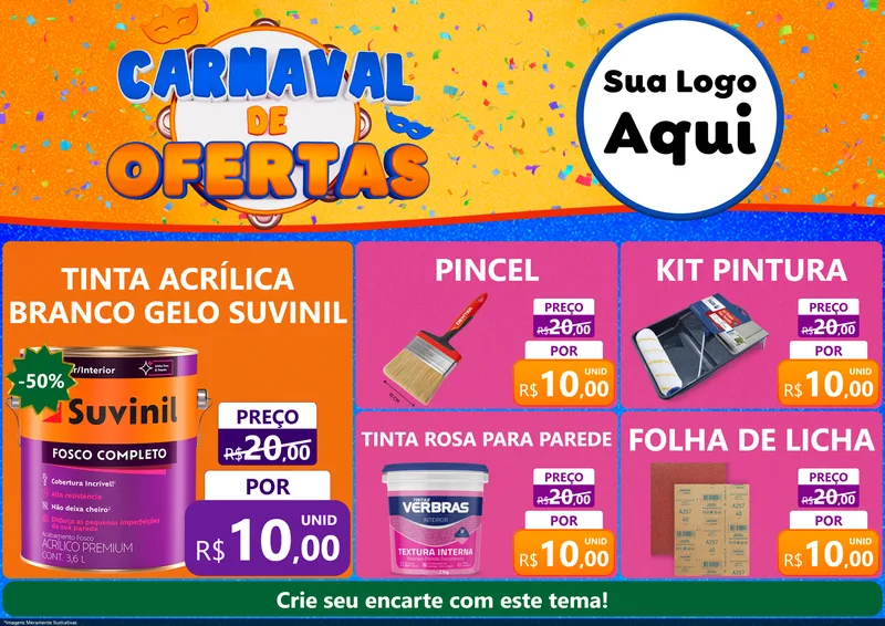 Modelo de Encarte para Encarte A4 Horizontal com o tema Carnaval de Ofertas para Tintas e Ferramentas