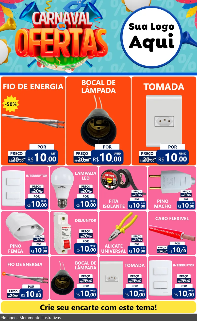 Modelo de Encarte para Encarte Grande com o tema Carnaval de Ofertas para Materiais Elétricos