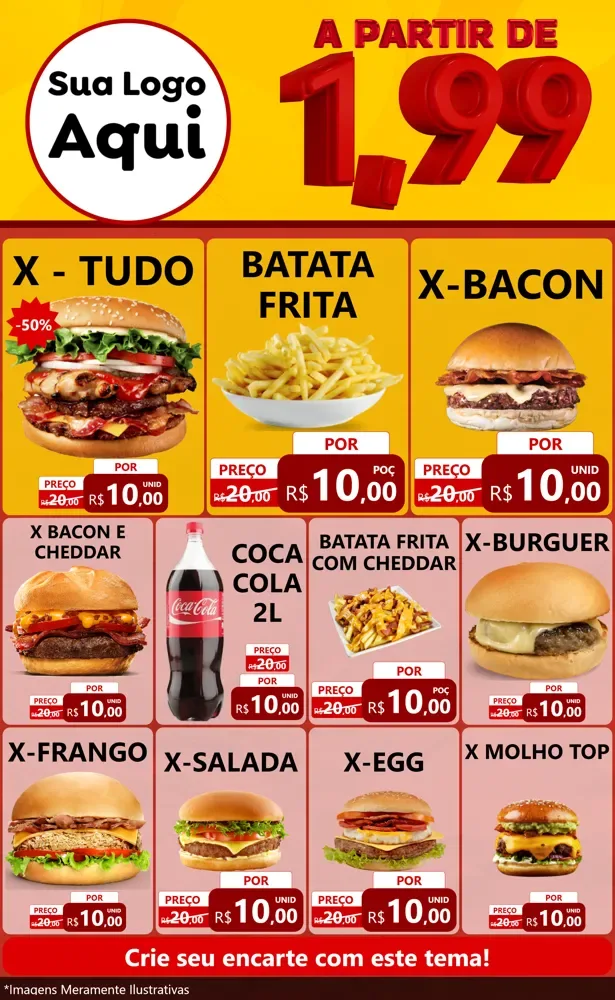 Modelo de Encarte para Encarte Grande com o tema A Partir de Um e Noventa e Nove - 1,99 para Hamburgueria