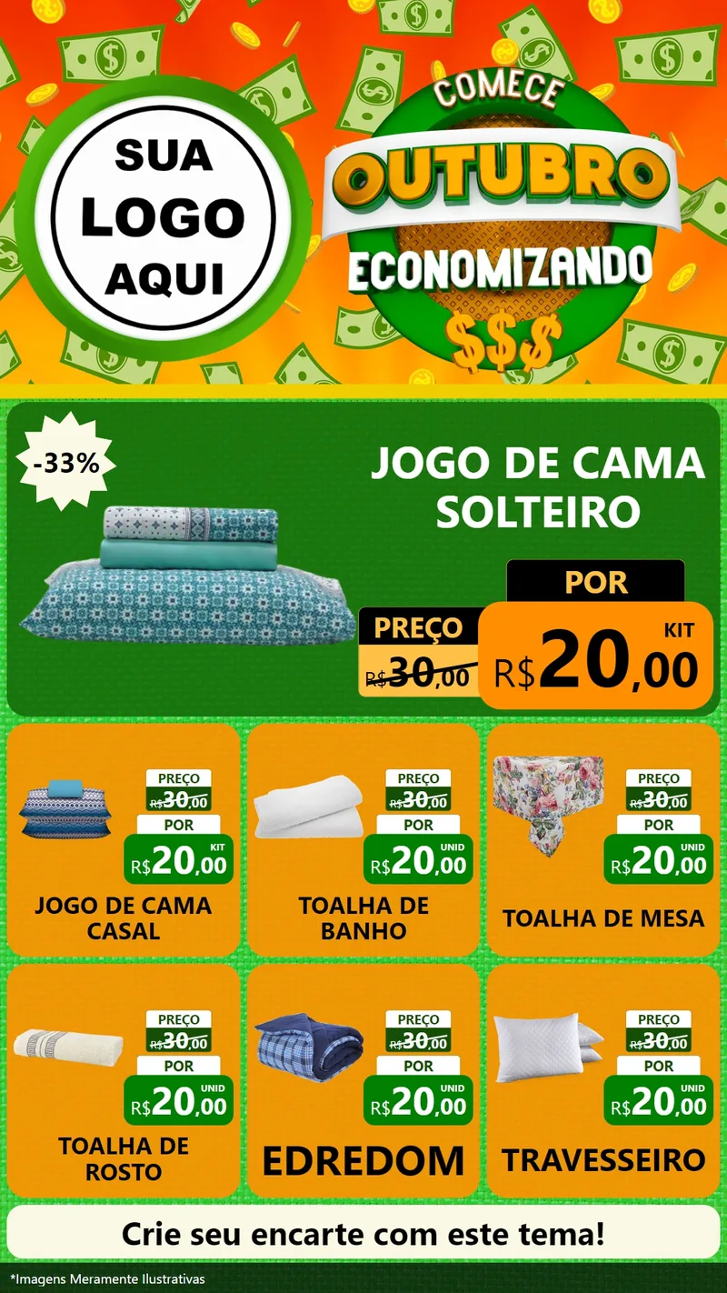 Modelo de Rede Social para Stories com o tema Comece Outubro Economizando para Cama, Mesa e Banho