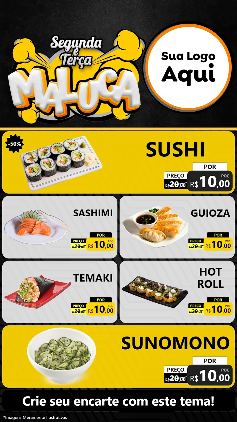 Modelo de TV para TV Vertical com o tema Segunda e Terça Maluca para Comida japonesa