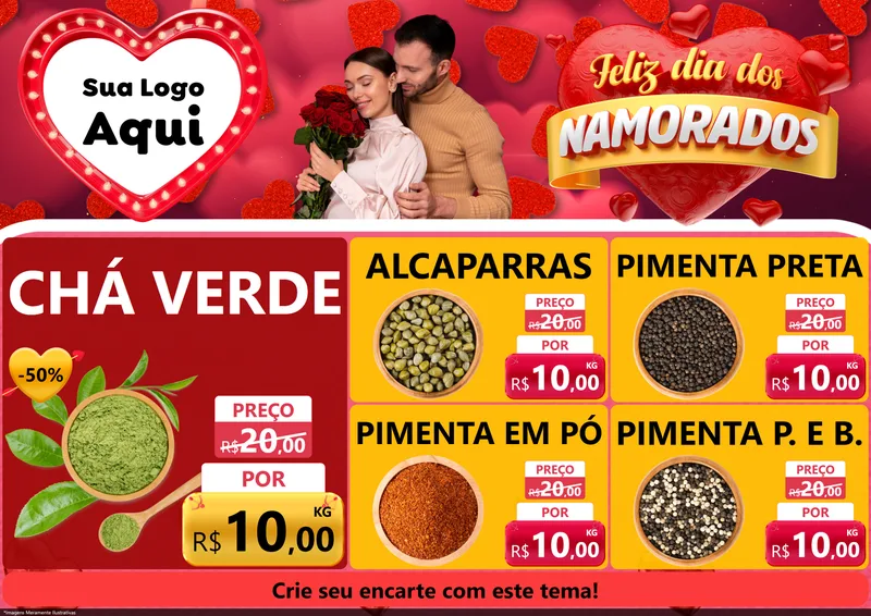 Modelo de Encarte para Encarte A4 Horizontal com o tema Feliz Dia Dos Namorados para Produtos Naturais