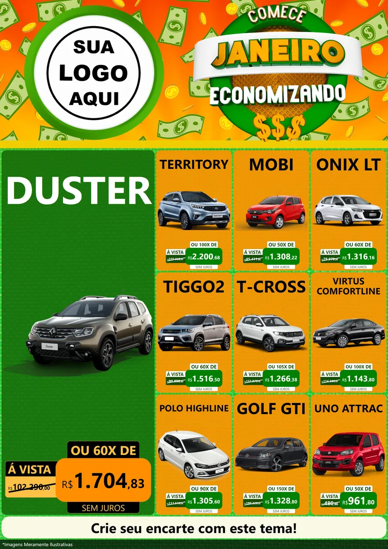 Modelo de Encarte para Encarte A4 Vertical com o tema Comece Janeiro Economizando para Concessionaria de Carros