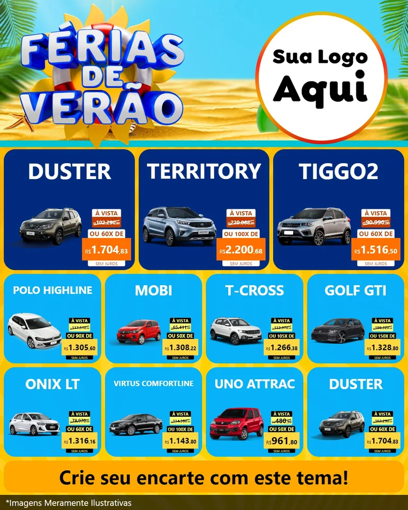 Modelo de Rede Social para Feed Instagram com o tema Férias de Verão para Concessionaria de Carros