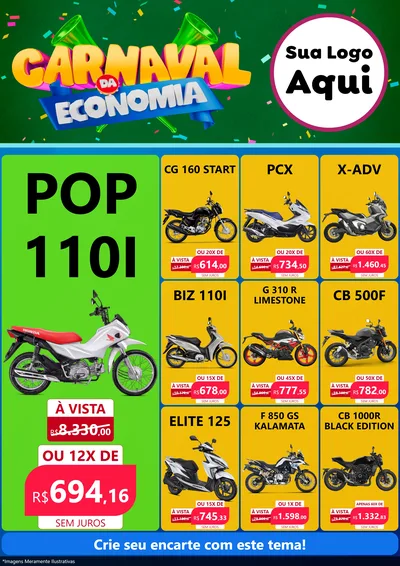 Modelo de Encarte para Encarte A4 Vertical com o tema Carnaval da Economia para Concessionaria de Motos