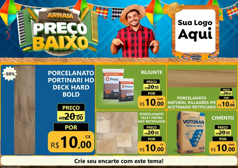 Modelo de Encarte para Encarte A4 Horizontal com o tema Arraiá de Preço Baixo - Junina para Pisos e revestimentos