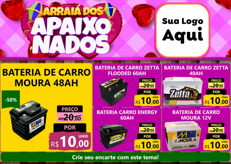 Modelo de Encarte para Encarte A4 Horizontal com o tema Arraiá dos Apaixonados para Baterias Elétricas
