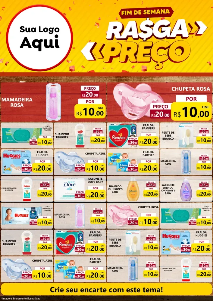 Modelo de Encarte para Encarte A4 Vertical com o tema Fim de Semana Rasga Preços para Bebês