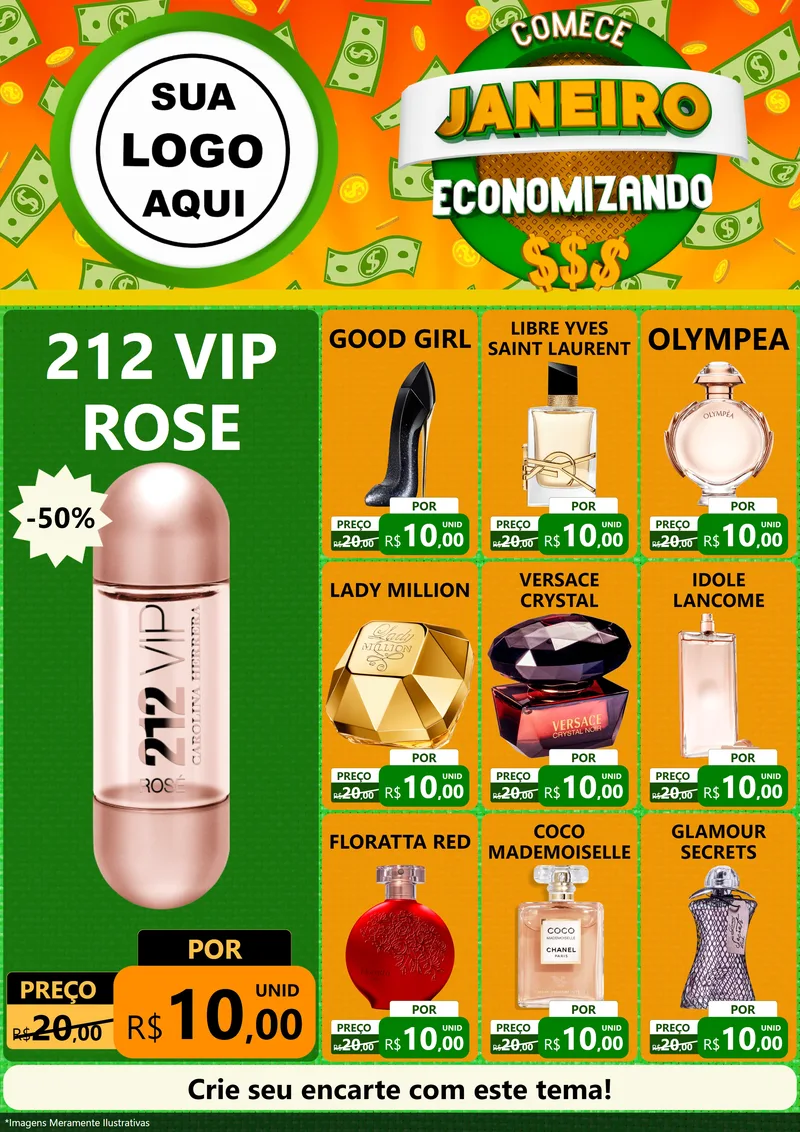 Modelo de Encarte para Encarte A4 Vertical com o tema Comece Janeiro Economizando para Perfumes