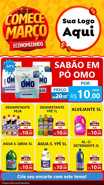 Modelo de Rede Social para Stories com o tema Comece Março Economizando para Produtos de Limpeza