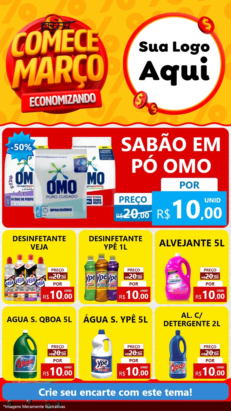Modelo de Rede Social para Stories com o tema Comece Março Economizando para Produtos de Limpeza